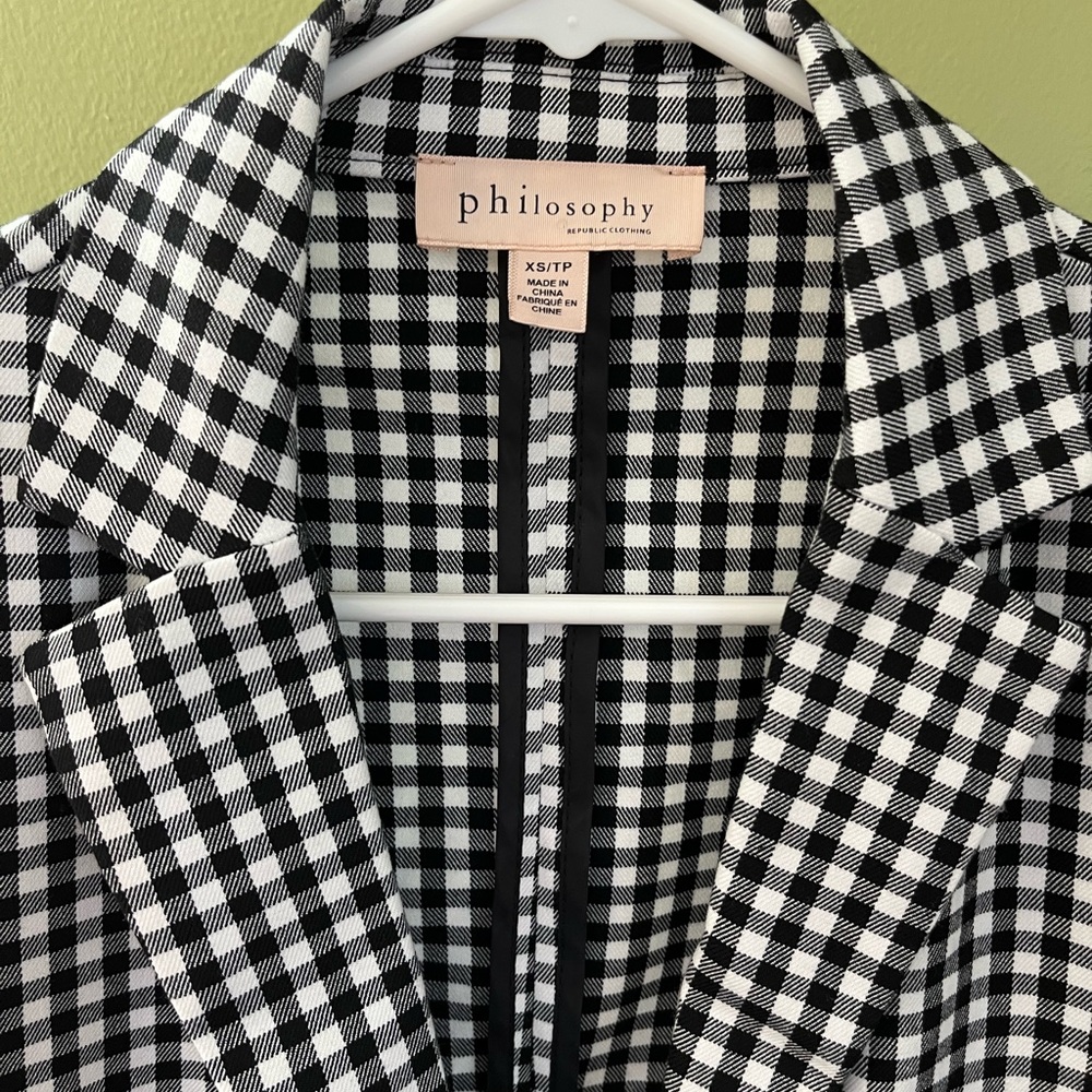 Black & White Gingham Open Front Blazer Ruched Sleeves Extra Small, Like New - Picture 4 of 11